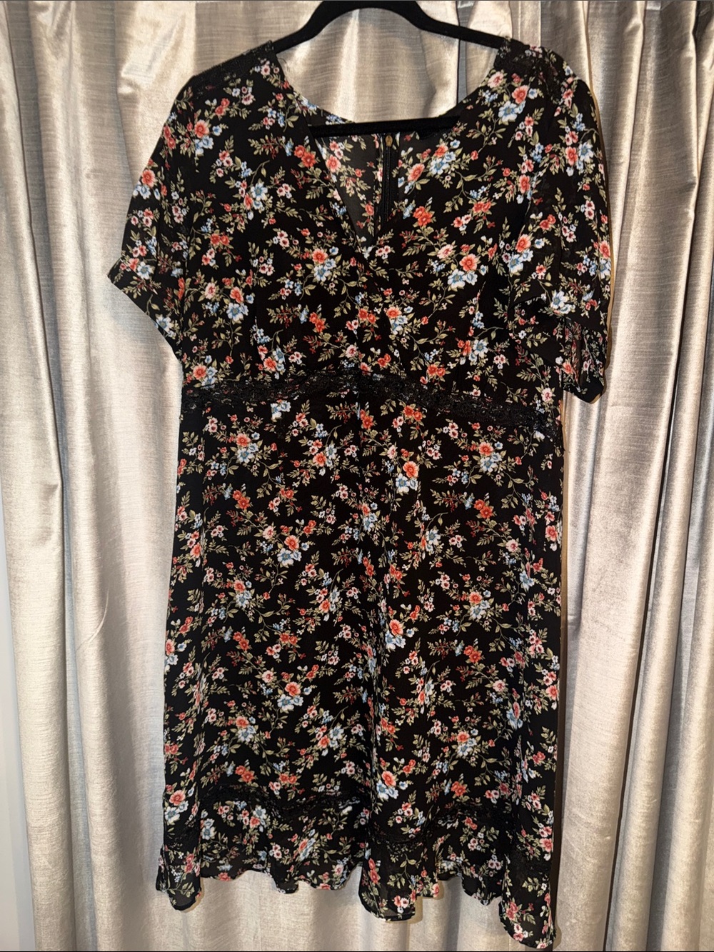 Forever 21 Black Floral Midi Dress with Lace Waist Detail